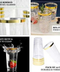 HIER_5430 12 Pack 17oz Gold Rimmed Clear Slim Plastic Cups Disposable Glasses Disposable Dinnerware