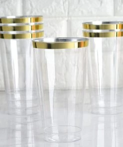 HIER_5430 12 Pack 17oz Gold Rimmed Clear Slim Plastic Cups Disposable Glasses Disposable Dinnerware