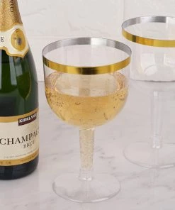 HIER_5430 6 Pack 25oz Clear Oversized Plastic Wine Glasses Disposable Cups - With Gold Rimmed Design