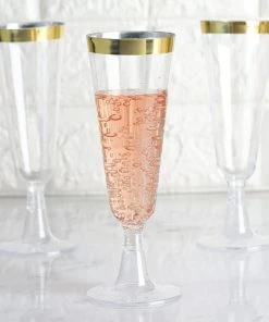 HIER_5430 12 Pack 5oz Gold Rimmed Plastic Champagne Glasses Disposable Flutes | Detachable Base