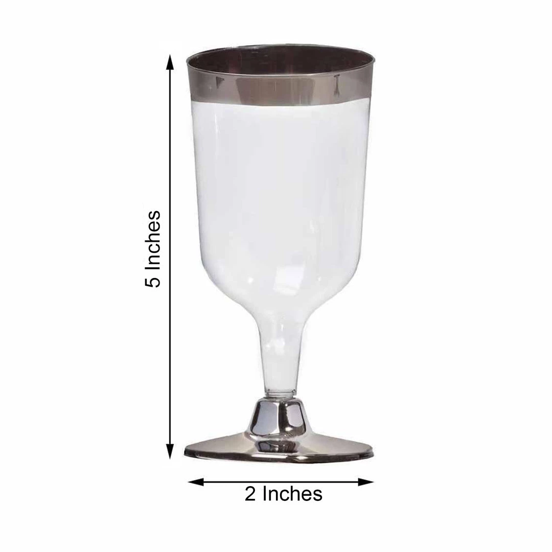 HIER_5430 Disposable Dinnerware 12 Pack 6oz Silver Detailed Plastic Disposable Short Wine Glasses Cups - Short Stem Clear 3 HIER_5430 Disposable Dinnerware 12 Pack 6oz Silver Detailed Plastic Disposable Short Wine Glasses Cups - Short Stem Clear