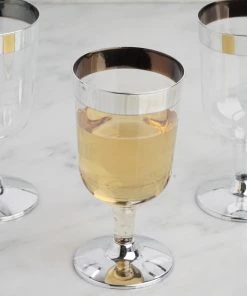 HIER_5430 Disposable Dinnerware 12 Pack 6oz Silver Detailed Plastic Disposable Short Wine Glasses Cups - Short Stem Clear 15 HIER_5430 Disposable Dinnerware 12 Pack 6oz Silver Detailed Plastic Disposable Short Wine Glasses Cups - Short Stem Clear