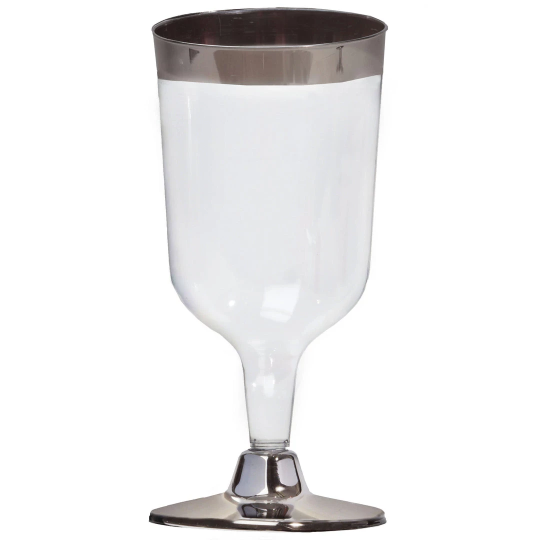 HIER_5430 Disposable Dinnerware 12 Pack 6oz Silver Detailed Plastic Disposable Short Wine Glasses Cups - Short Stem Clear 10 HIER_5430 Disposable Dinnerware 12 Pack 6oz Silver Detailed Plastic Disposable Short Wine Glasses Cups - Short Stem Clear