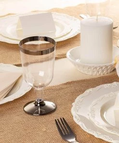 HIER_5430 Disposable Dinnerware 12 Pack 6oz Silver Detailed Plastic Disposable Short Wine Glasses Cups - Short Stem Clear