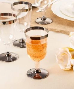 HIER_5430 Disposable Dinnerware 12 Pack 6oz Silver Detailed Plastic Disposable Short Wine Glasses Cups - Short Stem Clear