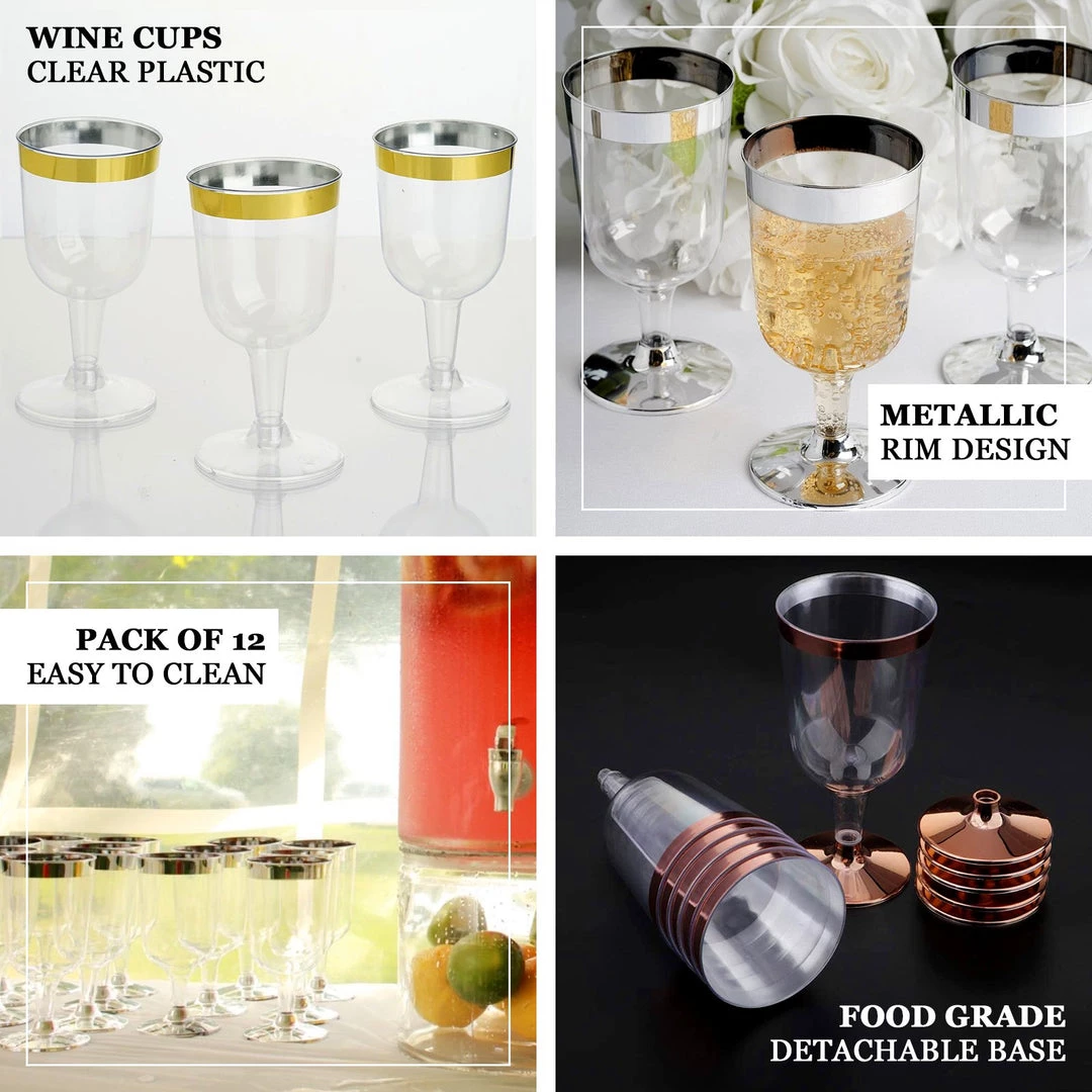 HIER_5430 Disposable Dinnerware 12 Pack 6oz Silver Detailed Plastic Disposable Short Wine Glasses Cups - Short Stem Clear 4 HIER_5430 Disposable Dinnerware 12 Pack 6oz Silver Detailed Plastic Disposable Short Wine Glasses Cups - Short Stem Clear