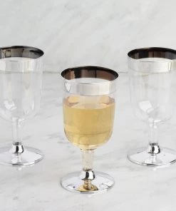 HIER_5430 Disposable Dinnerware 12 Pack 6oz Silver Detailed Plastic Disposable Short Wine Glasses Cups - Short Stem Clear 16 HIER_5430 Disposable Dinnerware 12 Pack 6oz Silver Detailed Plastic Disposable Short Wine Glasses Cups - Short Stem Clear