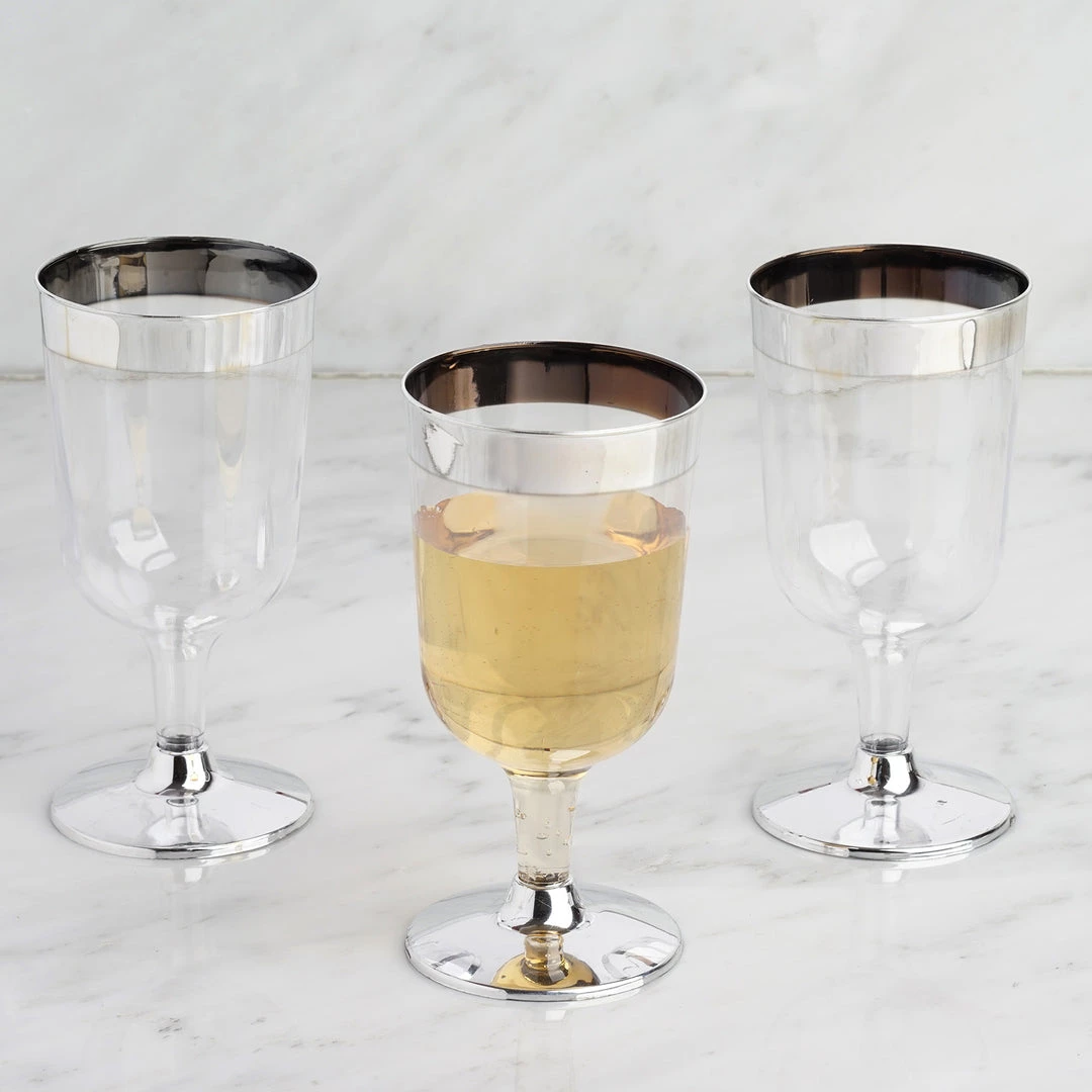 HIER_5430 Disposable Dinnerware 12 Pack 6oz Silver Detailed Plastic Disposable Short Wine Glasses Cups - Short Stem Clear 7 HIER_5430 Disposable Dinnerware 12 Pack 6oz Silver Detailed Plastic Disposable Short Wine Glasses Cups - Short Stem Clear