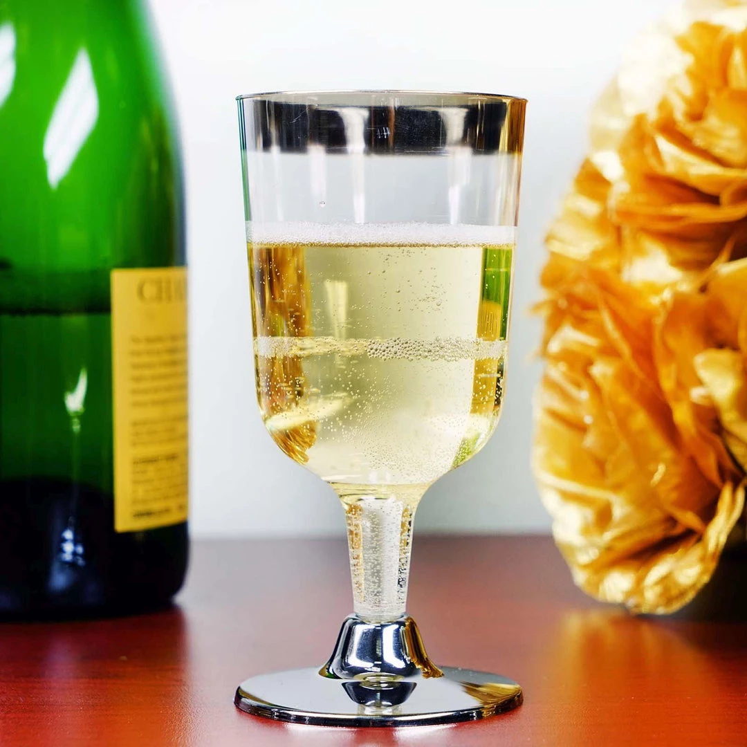 HIER_5430 Disposable Dinnerware 12 Pack 6oz Silver Detailed Plastic Disposable Short Wine Glasses Cups - Short Stem Clear 9 HIER_5430 Disposable Dinnerware 12 Pack 6oz Silver Detailed Plastic Disposable Short Wine Glasses Cups - Short Stem Clear