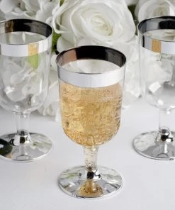 HIER_5430 Disposable Dinnerware 12 Pack 6oz Silver Detailed Plastic Disposable Short Wine Glasses Cups - Short Stem Clear 17 HIER_5430 Disposable Dinnerware 12 Pack 6oz Silver Detailed Plastic Disposable Short Wine Glasses Cups - Short Stem Clear