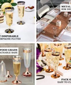 HIER_5430 12 Pack 6oz Elegant Plastic Disposable Champagne Glasses Flutes Silver Rimmed - Detachable Base Disposable Dinnerware 18 HIER_5430 12 Pack 6oz Elegant Plastic Disposable Champagne Glasses Flutes Silver Rimmed - Detachable Base Disposable Dinnerware