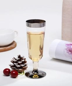 HIER_5430 12 Pack 6oz Elegant Plastic Disposable Champagne Glasses Flutes Silver Rimmed - Detachable Base Disposable Dinnerware 25 HIER_5430 12 Pack 6oz Elegant Plastic Disposable Champagne Glasses Flutes Silver Rimmed - Detachable Base Disposable Dinnerware