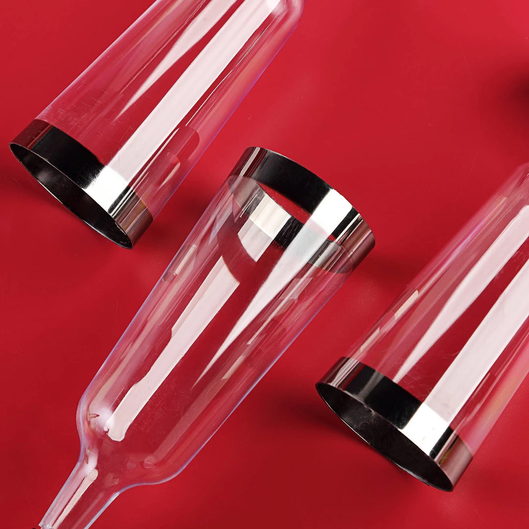 HIER_5430 12 Pack 6oz Elegant Plastic Disposable Champagne Glasses Flutes Silver Rimmed - Detachable Base Disposable Dinnerware 6 HIER_5430 12 Pack 6oz Elegant Plastic Disposable Champagne Glasses Flutes Silver Rimmed - Detachable Base Disposable Dinnerware