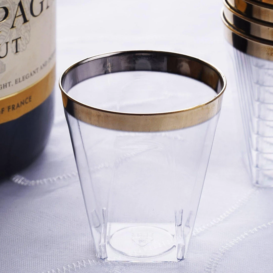 HIER_5430 12 Pack 2oz Gold Rimmed Plastic Disposable Shot Glasses Disposable Dinnerware 4 HIER_5430 12 Pack 2oz Gold Rimmed Plastic Disposable Shot Glasses Disposable Dinnerware