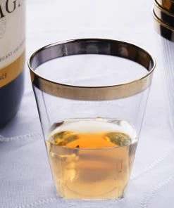 HIER_5430 12 Pack 2oz Gold Rimmed Plastic Disposable Shot Glasses Disposable Dinnerware