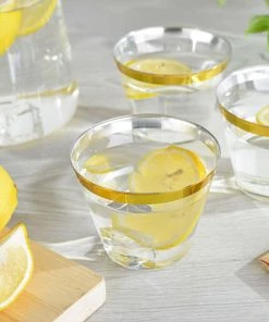 HIER_5430 12 Pack 2oz Gold Rimmed Plastic Disposable Shot Glasses Disposable Dinnerware