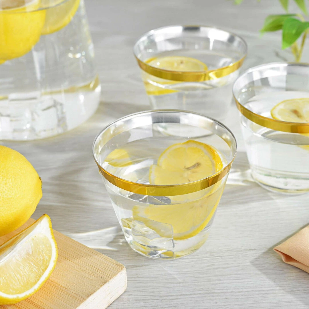 HIER_5430 12 Pack 2oz Gold Rimmed Plastic Disposable Shot Glasses Disposable Dinnerware 2 HIER_5430 12 Pack 2oz Gold Rimmed Plastic Disposable Shot Glasses Disposable Dinnerware