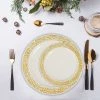 HIER_5441 10 Pack - 6" Ivory Plastic Disposable Salad Dessert Appetizer Plates Round With Gold Lace Design Rim