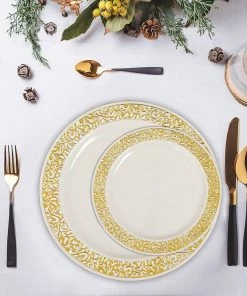HIER_5441 10 Pack - 6" Ivory Plastic Disposable Salad Dessert Appetizer Plates Round With Gold Lace Design Rim