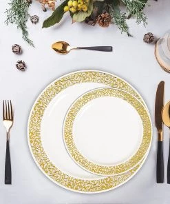 HIER_5441 10 Pack - 6" White Plastic Disposable Salad Dessert Appetizer Plates Round With Gold Lace Design Rim