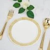 HIER_5441 10 Pack - 6" White Plastic Disposable Salad Dessert Appetizer Plates Round With Gold Lace Design Rim