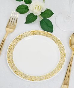 HIER_5441 10 Pack - 6" White Plastic Disposable Salad Dessert Appetizer Plates Round With Gold Lace Design Rim
