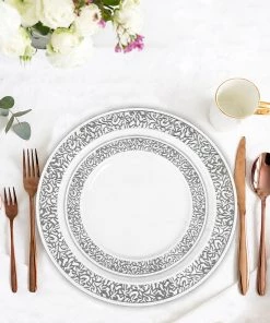HIER_5441 10 Pack - 6" White Plastic Disposable Salad Dessert Appetizer Plates Round With Silver Lace Design Rim