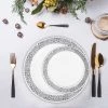 HIER_5441 10 Pack - 6" White Plastic Disposable Salad Dessert Appetizer Plates Round With Silver Lace Design Rim