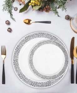 HIER_5441 10 Pack - 6" White Plastic Disposable Salad Dessert Appetizer Plates Round With Silver Lace Design Rim