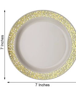 HIER_5441 10 Pack - 7" Ivory Plastic Disposable Salad Dessert Appetizer Plates Round With Gold Lace Design Rim Disposable Dinnerware 12 HIER_5441 10 Pack - 7
