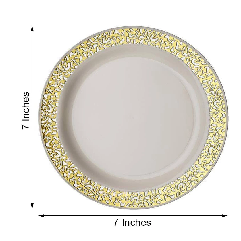 HIER_5441 10 Pack - 7" Ivory Plastic Disposable Salad Dessert Appetizer Plates Round With Gold Lace Design Rim Disposable Dinnerware 3 HIER_5441 10 Pack - 7" Ivory Plastic Disposable Salad Dessert Appetizer Plates Round With Gold Lace Design Rim Disposable Dinnerware