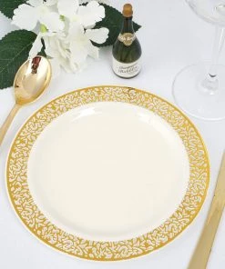 HIER_5441 10 Pack - 7" Ivory Plastic Disposable Salad Dessert Appetizer Plates Round With Gold Lace Design Rim Disposable Dinnerware