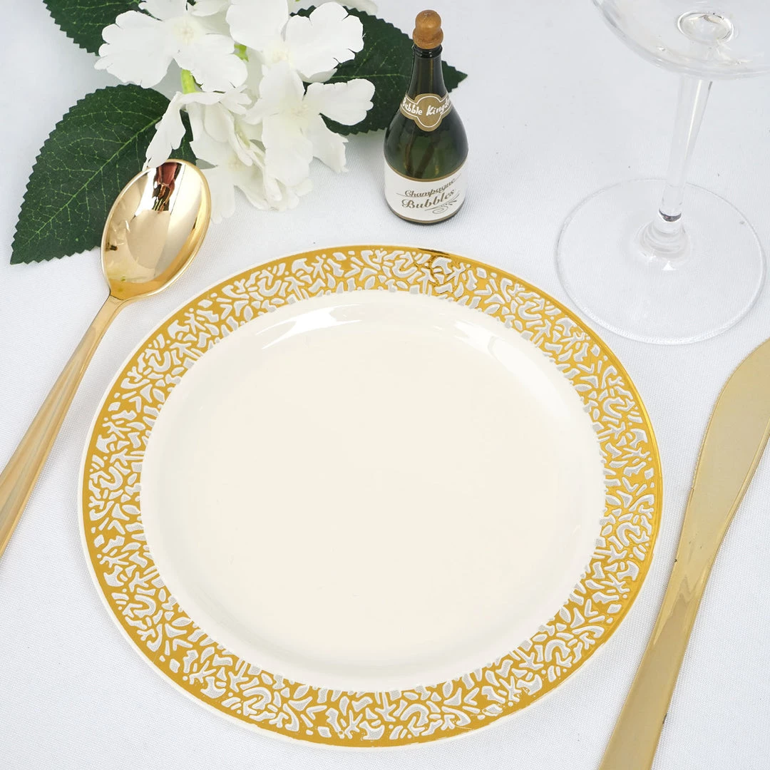 HIER_5441 10 Pack - 7" Ivory Plastic Disposable Salad Dessert Appetizer Plates Round With Gold Lace Design Rim Disposable Dinnerware 2 HIER_5441 10 Pack - 7" Ivory Plastic Disposable Salad Dessert Appetizer Plates Round With Gold Lace Design Rim Disposable Dinnerware