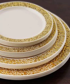 HIER_5441 10 Pack - 7" Ivory Plastic Disposable Salad Dessert Appetizer Plates Round With Gold Lace Design Rim Disposable Dinnerware 16 HIER_5441 10 Pack - 7