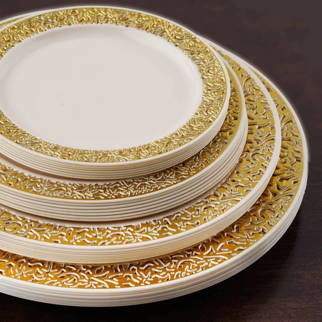 HIER_5441 10 Pack - 7" Ivory Plastic Disposable Salad Dessert Appetizer Plates Round With Gold Lace Design Rim Disposable Dinnerware 7 HIER_5441 10 Pack - 7" Ivory Plastic Disposable Salad Dessert Appetizer Plates Round With Gold Lace Design Rim Disposable Dinnerware