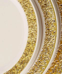HIER_5441 10 Pack - 7" Ivory Plastic Disposable Salad Dessert Appetizer Plates Round With Gold Lace Design Rim Disposable Dinnerware 17 HIER_5441 10 Pack - 7