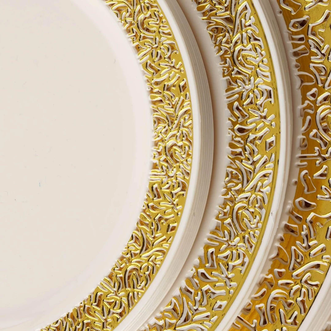 HIER_5441 10 Pack - 7" Ivory Plastic Disposable Salad Dessert Appetizer Plates Round With Gold Lace Design Rim Disposable Dinnerware 8 HIER_5441 10 Pack - 7" Ivory Plastic Disposable Salad Dessert Appetizer Plates Round With Gold Lace Design Rim Disposable Dinnerware