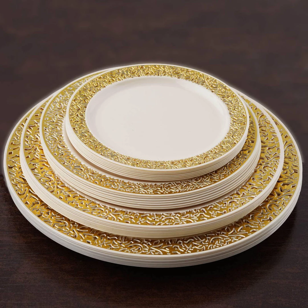 HIER_5441 10 Pack - 7" Ivory Plastic Disposable Salad Dessert Appetizer Plates Round With Gold Lace Design Rim Disposable Dinnerware 9 HIER_5441 10 Pack - 7" Ivory Plastic Disposable Salad Dessert Appetizer Plates Round With Gold Lace Design Rim Disposable Dinnerware