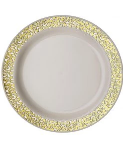 HIER_5441 10 Pack - 7" Ivory Plastic Disposable Salad Dessert Appetizer Plates Round With Gold Lace Design Rim Disposable Dinnerware 19 HIER_5441 10 Pack - 7