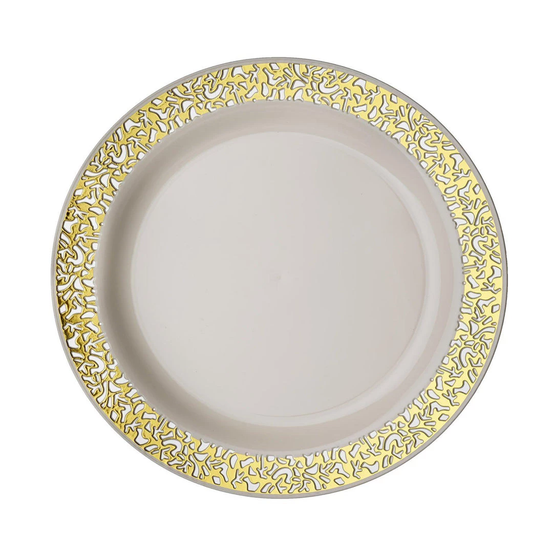 HIER_5441 10 Pack - 7" Ivory Plastic Disposable Salad Dessert Appetizer Plates Round With Gold Lace Design Rim Disposable Dinnerware 10 HIER_5441 10 Pack - 7" Ivory Plastic Disposable Salad Dessert Appetizer Plates Round With Gold Lace Design Rim Disposable Dinnerware