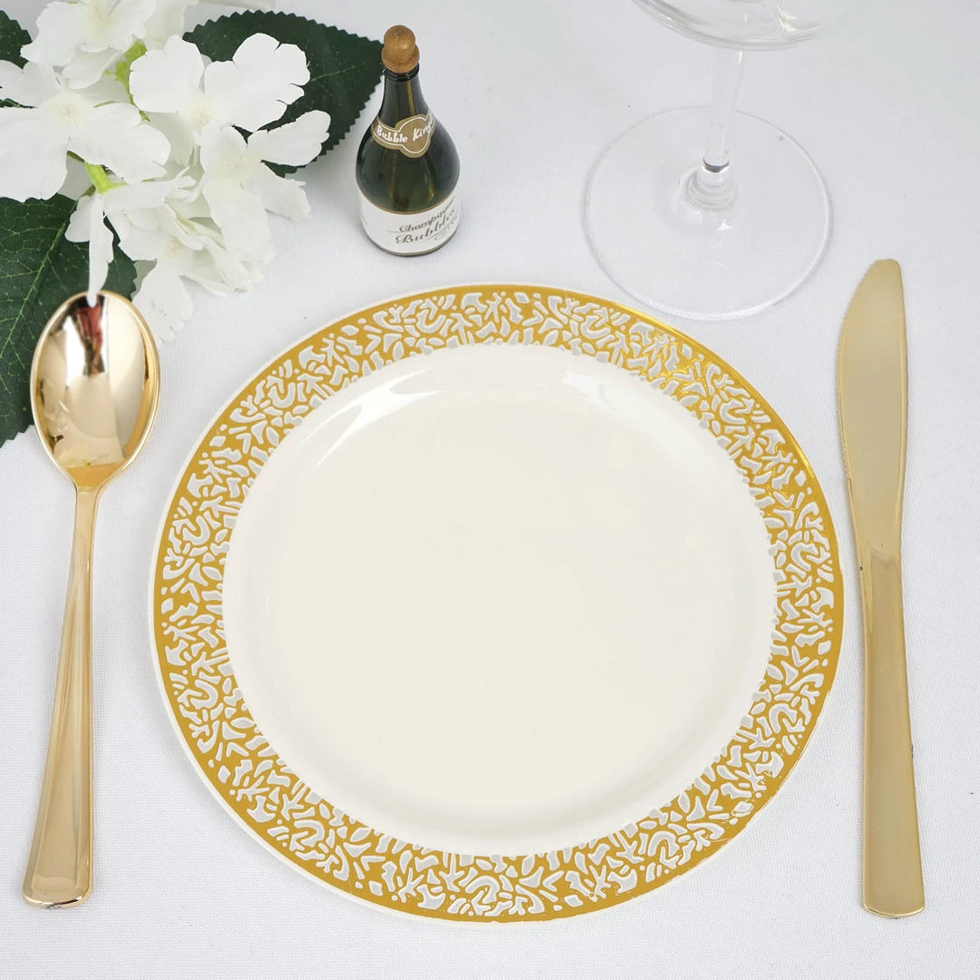 HIER_5441 10 Pack - 7" Ivory Plastic Disposable Salad Dessert Appetizer Plates Round With Gold Lace Design Rim Disposable Dinnerware 6 HIER_5441 10 Pack - 7" Ivory Plastic Disposable Salad Dessert Appetizer Plates Round With Gold Lace Design Rim Disposable Dinnerware