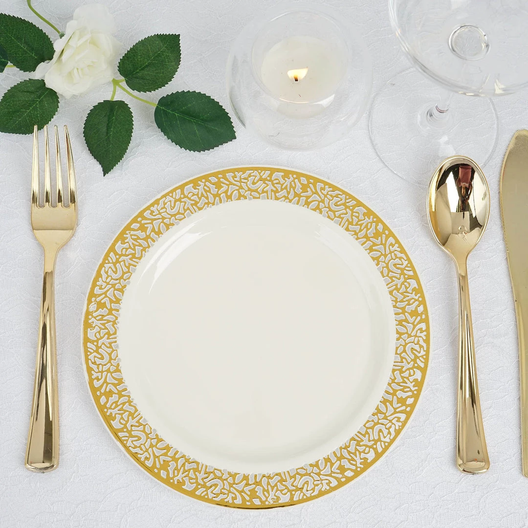 HIER_5441 10 Pack - 7" Ivory Plastic Disposable Salad Dessert Appetizer Plates Round With Gold Lace Design Rim Disposable Dinnerware 1 HIER_5441 10 Pack - 7" Ivory Plastic Disposable Salad Dessert Appetizer Plates Round With Gold Lace Design Rim Disposable Dinnerware