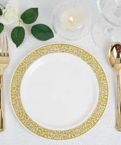 HIER_5441 10 Pack - 7" White Plastic Disposable Salad Dessert Appetizer Plates Round With Gold Lace Design Rim