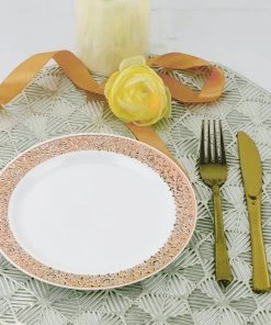 HIER_5441 Disposable Dinnerware 10 Pack - 7" White Plastic Disposable Salad Dessert Appetizer Plates Round With Rose Gold Lace Design Rim