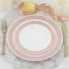 HIER_5441 Disposable Dinnerware 10 Pack - 7" White Plastic Disposable Salad Dessert Appetizer Plates Round With Rose Gold Lace Design Rim