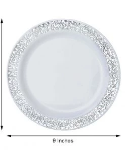 HIER_5440 Disposable Dinnerware 10 Pack - 9" White Plastic Disposable Dinner Plates Round With Silver Lace Design Rim 15 HIER_5440 Disposable Dinnerware 10 Pack - 9
