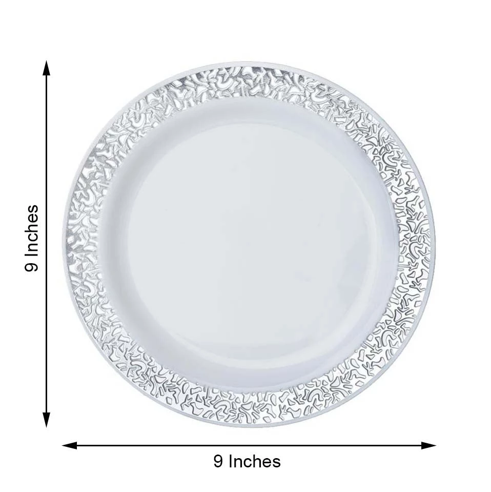 HIER_5440 Disposable Dinnerware 10 Pack - 9" White Plastic Disposable Dinner Plates Round With Silver Lace Design Rim 3 HIER_5440 Disposable Dinnerware 10 Pack - 9" White Plastic Disposable Dinner Plates Round With Silver Lace Design Rim