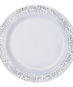 HIER_5440 Disposable Dinnerware 10 Pack - 9" White Plastic Disposable Dinner Plates Round With Silver Lace Design Rim 25 HIER_5440 Disposable Dinnerware 10 Pack - 9
