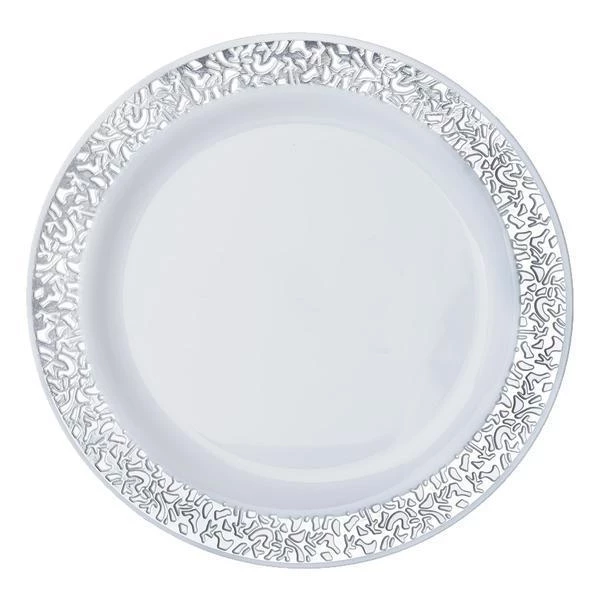 HIER_5440 Disposable Dinnerware 10 Pack - 9" White Plastic Disposable Dinner Plates Round With Silver Lace Design Rim 13 HIER_5440 Disposable Dinnerware 10 Pack - 9" White Plastic Disposable Dinner Plates Round With Silver Lace Design Rim