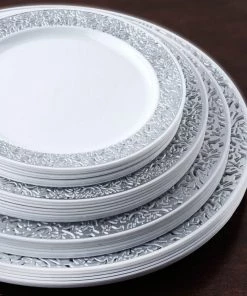 HIER_5440 Disposable Dinnerware 10 Pack - 9" White Plastic Disposable Dinner Plates Round With Silver Lace Design Rim 21 HIER_5440 Disposable Dinnerware 10 Pack - 9